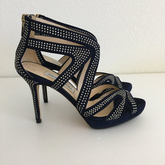 Jimmy Choo Womens 36-6US Karla Suede Mini Studs Navy/Silver Dust Bag Box 4"Heels - Picture 7 of 16